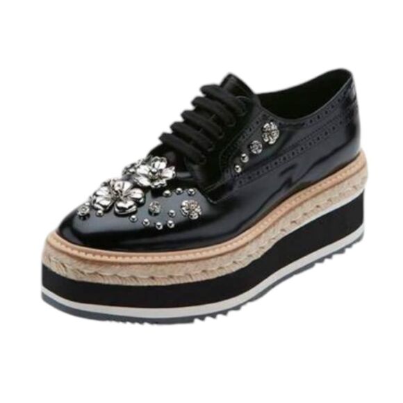 PRADA Embellished Patent Leather Microsole Black Espadrille - Picture 1 of 11